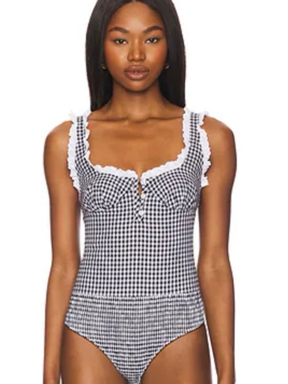 Black & White Gingham Ruffle Trim Bodysuit Free People